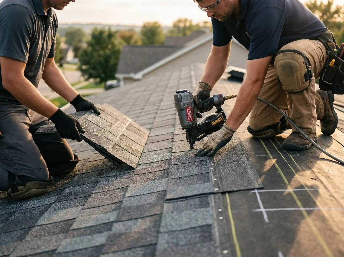 Professional roofer working on a residential roof in Tontitown
